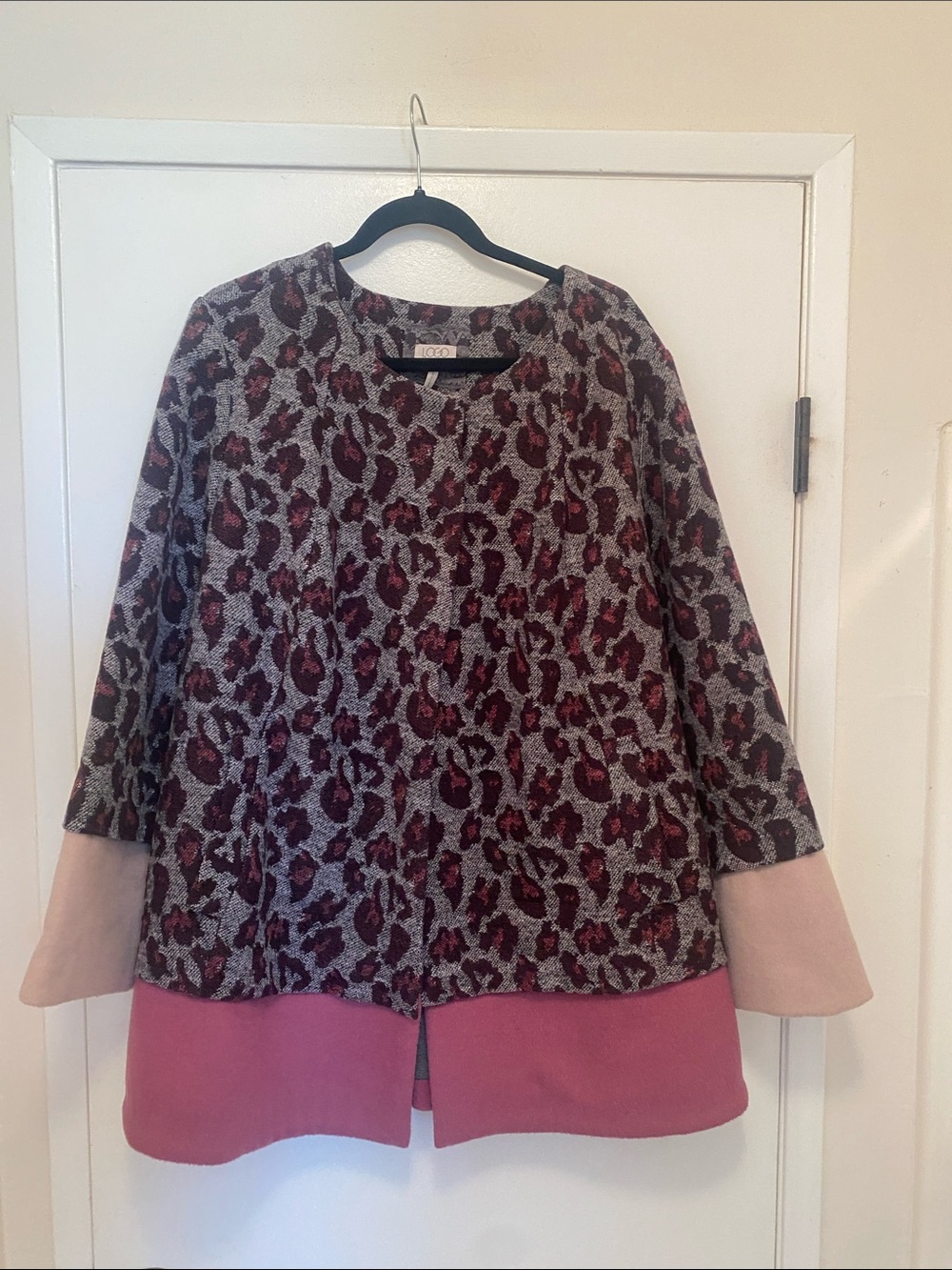 LOGO by Lori Goldstein Burgundy and Blush Leopard Jacquard Jacket